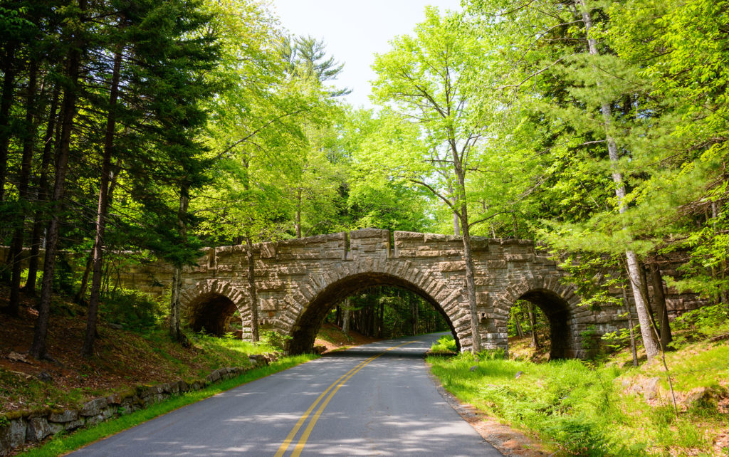 Photo of the Acadia National Park Loop road and stone bridge
