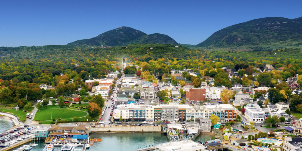 Aerial view of downtown Bar Harbor, Maine
