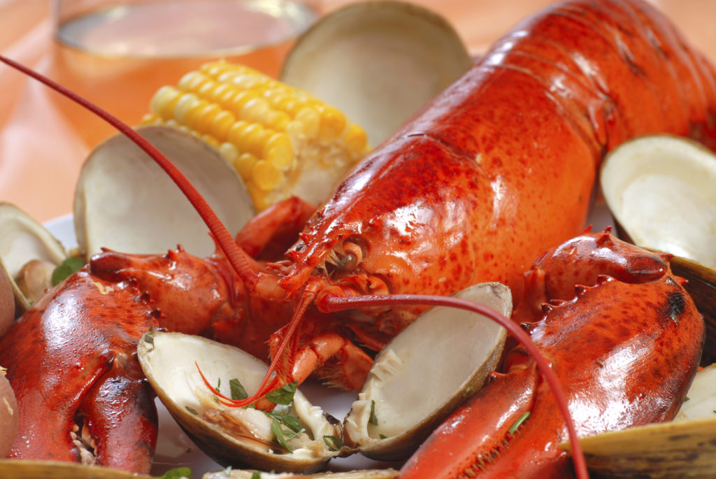 Photo of Delicious boiled lobster dinner with clams, corn and potatoes