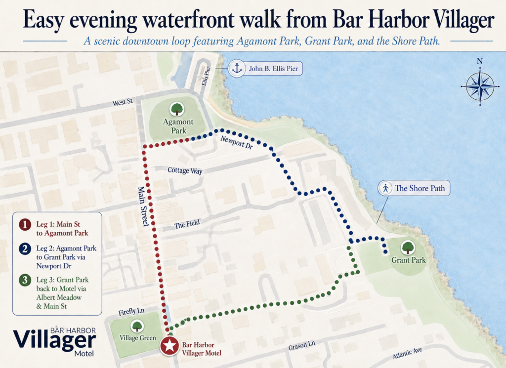 Illustrated waterfront walking route from Bar Harbor Villager Motel to Agamont Park, Grant Park, and the Shore Path in downtown Bar Harbor