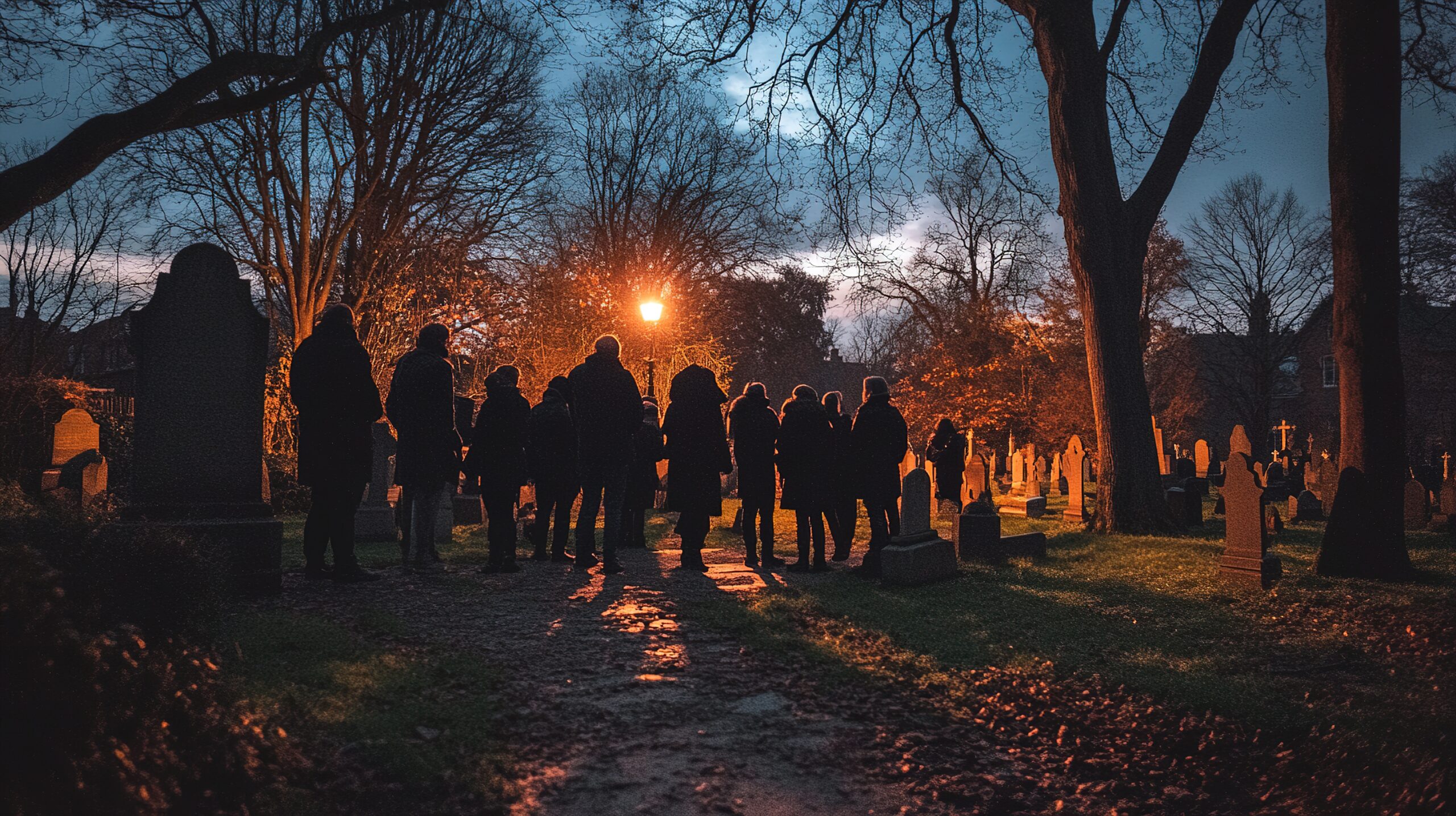 Group on a nighttime ghost tour walking through a cemetery by lantern light
